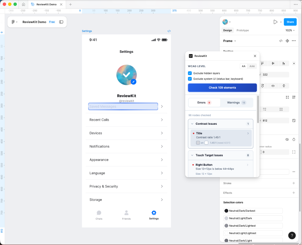 ReviewKit plugin interface showing automated checks and contrast validation