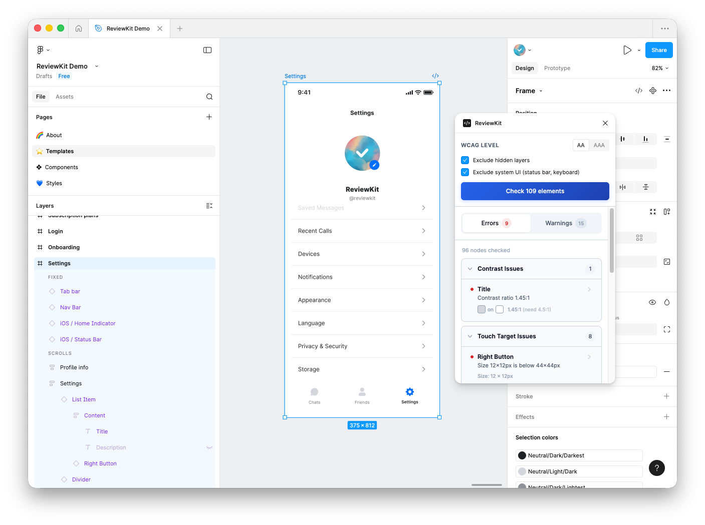 ReviewKit Plugin running in Figma showing accessibility check results